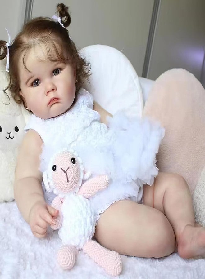 TERABITHIA 24 Inches Realistic Reborn Baby Doll with Blue Eyes & Curly Rooted Hair Lifelike Cloth Body Newborn Toddler Girl Dolls White Lace Outfit & Accessories Gift Set - Image 1